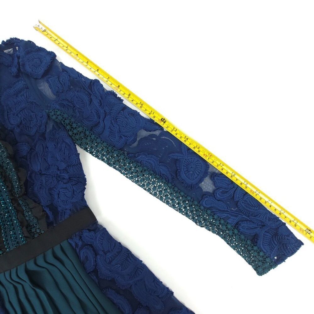 NEW Self Portrait Thea Sheer Lace Applique Pleated Maxi Dress Navy Emerald Gown - Picture 6 of 11